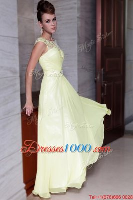 Simple Scoop Cap Sleeves Prom Party Dress Floor Length Beading and Hand Made Flower Light Yellow Chiffon