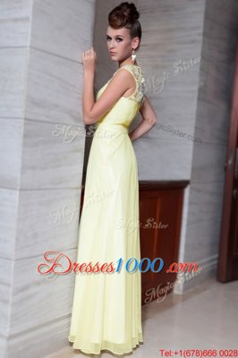 Simple Scoop Cap Sleeves Prom Party Dress Floor Length Beading and Hand Made Flower Light Yellow Chiffon