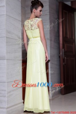 Simple Scoop Cap Sleeves Prom Party Dress Floor Length Beading and Hand Made Flower Light Yellow Chiffon