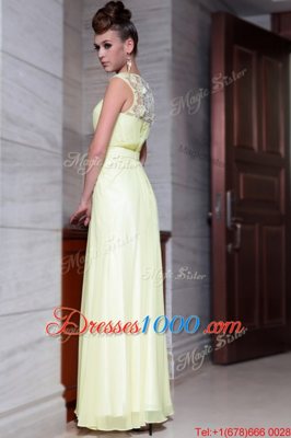 Simple Scoop Cap Sleeves Prom Party Dress Floor Length Beading and Hand Made Flower Light Yellow Chiffon