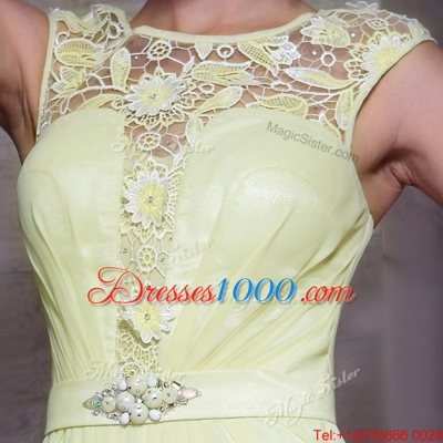 Simple Scoop Cap Sleeves Prom Party Dress Floor Length Beading and Hand Made Flower Light Yellow Chiffon