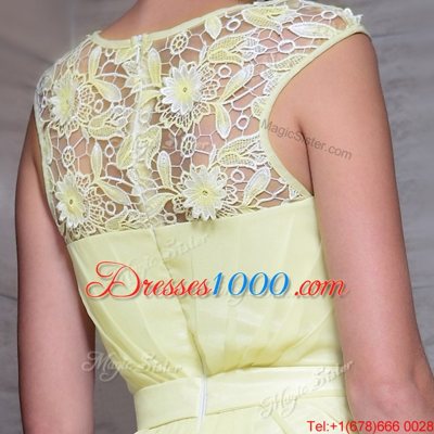 Simple Scoop Cap Sleeves Prom Party Dress Floor Length Beading and Hand Made Flower Light Yellow Chiffon