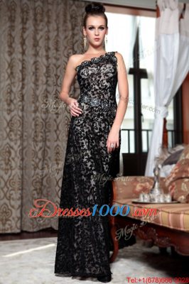 Ideal One Shoulder Black Sleeveless Beading Floor Length Prom Dress