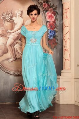 Glamorous Floor Length Aqua Blue Prom Party Dress Off The Shoulder Cap Sleeves Side Zipper
