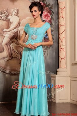 Glamorous Floor Length Aqua Blue Prom Party Dress Off The Shoulder Cap Sleeves Side Zipper