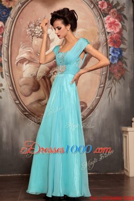 Glamorous Floor Length Aqua Blue Prom Party Dress Off The Shoulder Cap Sleeves Side Zipper