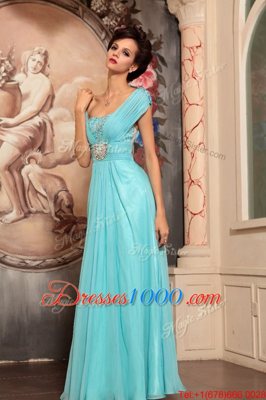 Glamorous Floor Length Aqua Blue Prom Party Dress Off The Shoulder Cap Sleeves Side Zipper