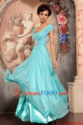 Glamorous Floor Length Aqua Blue Prom Party Dress Off The Shoulder Cap Sleeves Side Zipper