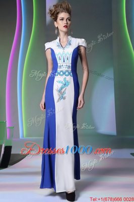 Cheap Floor Length Zipper Prom Gown Blue And White and In for Prom and Party with Embroidery
