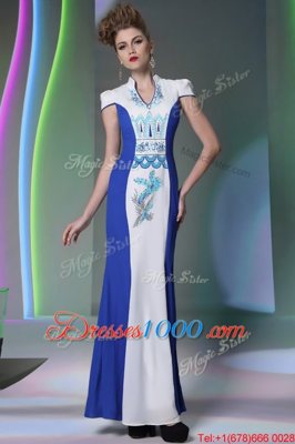 Cheap Floor Length Zipper Prom Gown Blue And White and In for Prom and Party with Embroidery