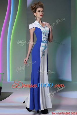 Cheap Floor Length Zipper Prom Gown Blue And White and In for Prom and Party with Embroidery