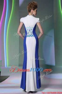 Cheap Floor Length Zipper Prom Gown Blue And White and In for Prom and Party with Embroidery