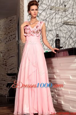 Luxurious V-neck Sleeveless Satin Prom Gown Appliques Zipper