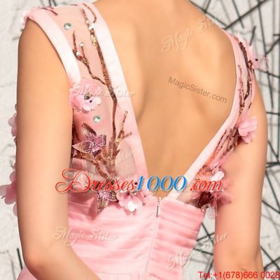 Luxurious V-neck Sleeveless Satin Prom Gown Appliques Zipper