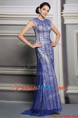 Blue Backless Scoop Beading and Sequins Prom Gown Satin Sleeveless