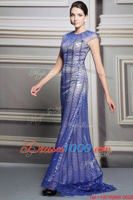 Blue Backless Scoop Beading and Sequins Prom Gown Satin Sleeveless