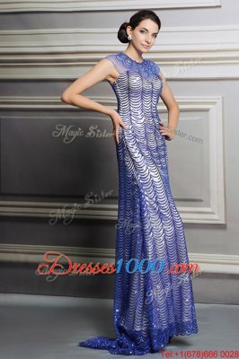 Blue Backless Scoop Beading and Sequins Prom Gown Satin Sleeveless