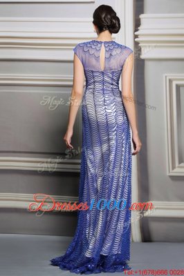 Blue Backless Scoop Beading and Sequins Prom Gown Satin Sleeveless