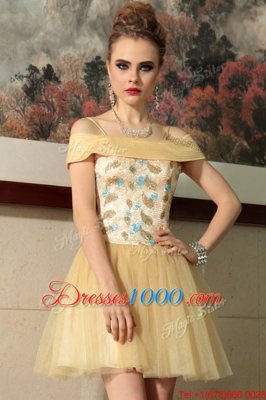 Romantic Gold A-line Beading Side Zipper Organza Cap Sleeves Mini Length