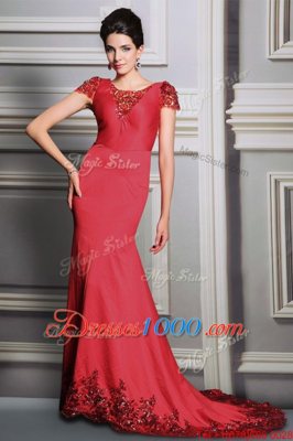 Pretty Scoop Short Sleeves Satin Evening Dress Appliques Court Train Clasp Handle