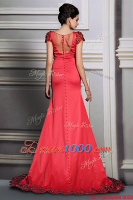 Pretty Scoop Short Sleeves Satin Evening Dress Appliques Court Train Clasp Handle