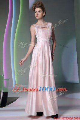 Scoop Floor Length Baby Pink Evening Dress Silk Like Satin Sleeveless Beading