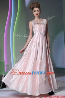 Scoop Floor Length Baby Pink Evening Dress Silk Like Satin Sleeveless Beading