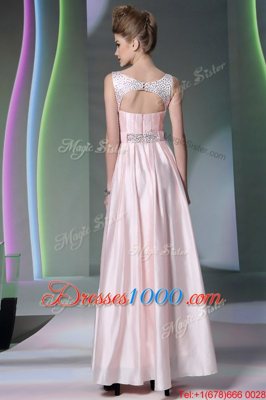 Scoop Floor Length Baby Pink Evening Dress Silk Like Satin Sleeveless Beading