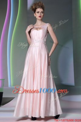 Scoop Floor Length Baby Pink Evening Dress Silk Like Satin Sleeveless Beading