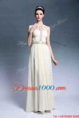Wonderful Sleeveless Chiffon Floor Length Side Zipper Prom Evening Gown in Light Yellow for with Beading and Ruching