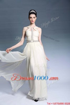 Wonderful Sleeveless Chiffon Floor Length Side Zipper Prom Evening Gown in Light Yellow for with Beading and Ruching