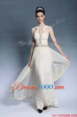 Wonderful Sleeveless Chiffon Floor Length Side Zipper Prom Evening Gown in Light Yellow for with Beading and Ruching