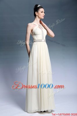 Wonderful Sleeveless Chiffon Floor Length Side Zipper Prom Evening Gown in Light Yellow for with Beading and Ruching