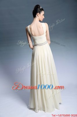 Wonderful Sleeveless Chiffon Floor Length Side Zipper Prom Evening Gown in Light Yellow for with Beading and Ruching