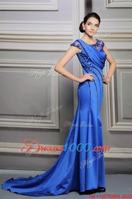 Scoop Blue Satin Zipper Dress for Prom Sleeveless Court Train Beading