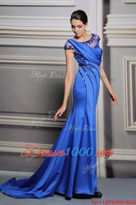 Scoop Blue Satin Zipper Dress for Prom Sleeveless Court Train Beading