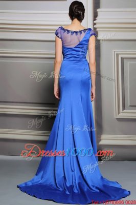 Scoop Blue Satin Zipper Dress for Prom Sleeveless Court Train Beading