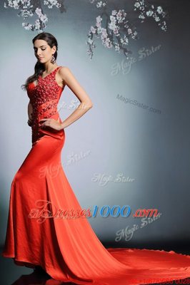 Perfect Satin Scoop Sleeveless Court Train Side Zipper Beading Prom Dresses in Coral Red