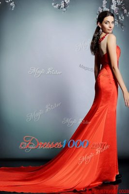 Perfect Satin Scoop Sleeveless Court Train Side Zipper Beading Prom Dresses in Coral Red