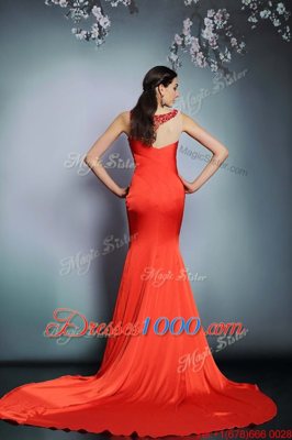 Perfect Satin Scoop Sleeveless Court Train Side Zipper Beading Prom Dresses in Coral Red