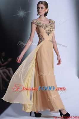 Scoop Peach Empire Beading and Appliques Prom Evening Gown Side Zipper Chiffon Cap Sleeves Floor Length