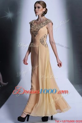 Scoop Peach Empire Beading and Appliques Prom Evening Gown Side Zipper Chiffon Cap Sleeves Floor Length