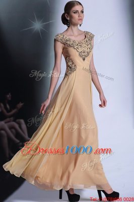 Scoop Peach Empire Beading and Appliques Prom Evening Gown Side Zipper Chiffon Cap Sleeves Floor Length