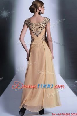 Scoop Peach Empire Beading and Appliques Prom Evening Gown Side Zipper Chiffon Cap Sleeves Floor Length