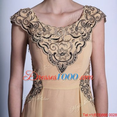 Scoop Peach Empire Beading and Appliques Prom Evening Gown Side Zipper Chiffon Cap Sleeves Floor Length