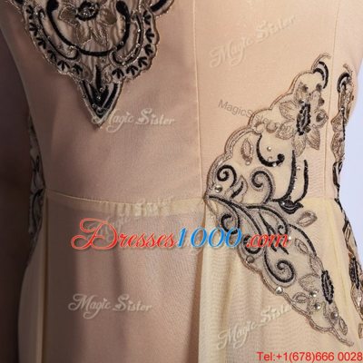 Scoop Peach Empire Beading and Appliques Prom Evening Gown Side Zipper Chiffon Cap Sleeves Floor Length