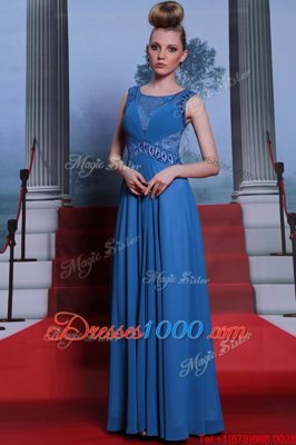 Scoop Blue Chiffon Side Zipper Prom Gown Sleeveless Floor Length Beading and Ruching