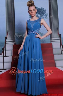 Scoop Blue Chiffon Side Zipper Prom Gown Sleeveless Floor Length Beading and Ruching