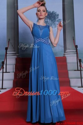 Scoop Blue Chiffon Side Zipper Prom Gown Sleeveless Floor Length Beading and Ruching