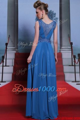 Scoop Blue Chiffon Side Zipper Prom Gown Sleeveless Floor Length Beading and Ruching